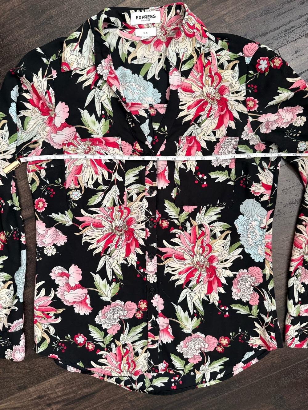 Express Portofino Slim Floral Button Front Blouse XS Black Career Office Top - Picture 6 of 8